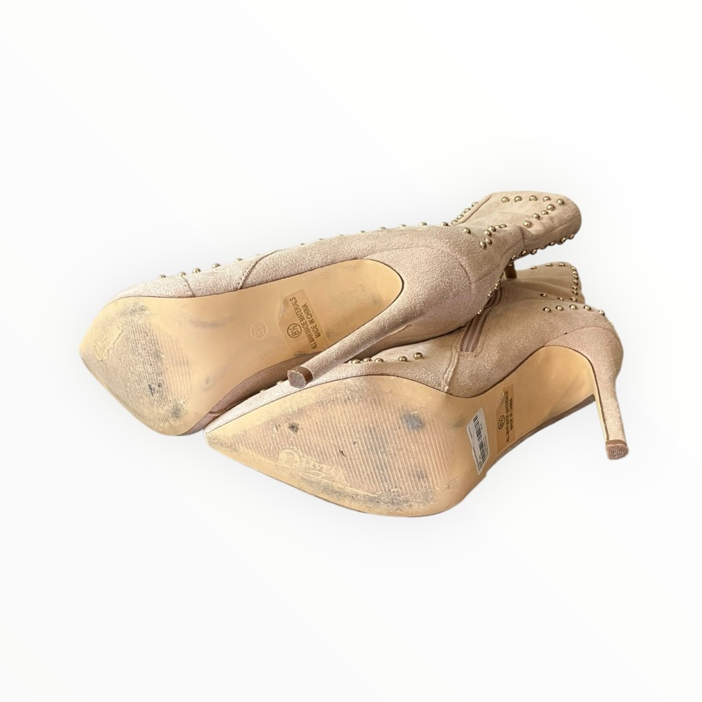 Olivia Ferguson Studded Faux Suede Stiletto Boots 8.5 Nude Tan High Heel Booties - Picture 5 of 5